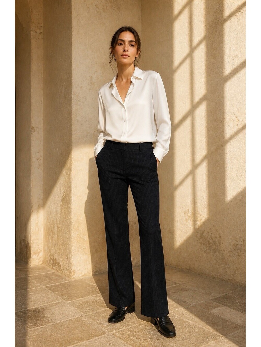 Banana Republic Martin Fit Pants Womens 4P Petite Black Pinstripe Dress Trousers